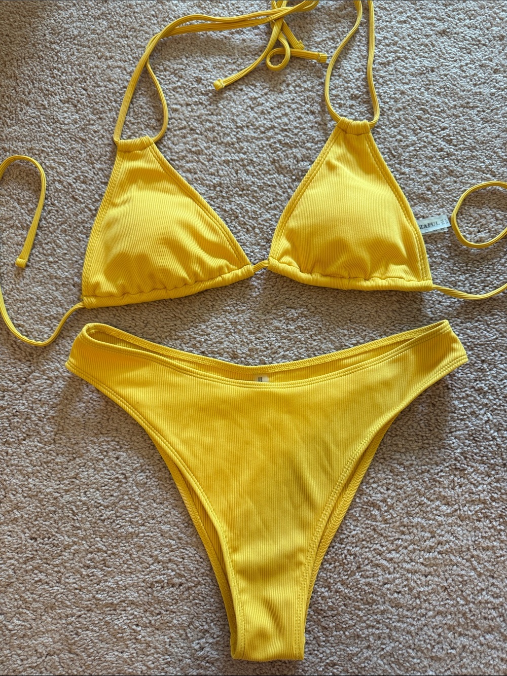 Zaful Bright Yellow Ribbed Triangle Bikini - Picture 2 of 9